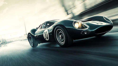 Vintage race car captured in dynamic low-angle motion blur