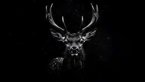 Monochrome frontal view of stag with antlers on black background.