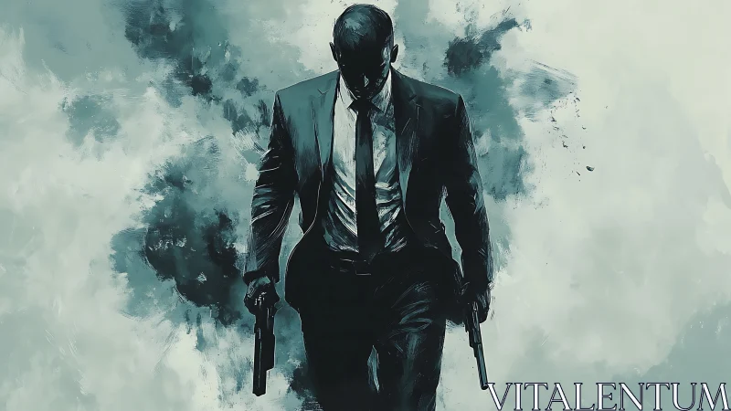 Silhouetted armed man in suit walking through abstract smoke.