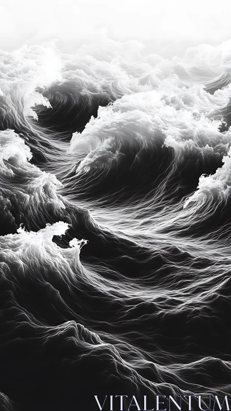 Monochrome digital seascape shows stylized breaking waves
