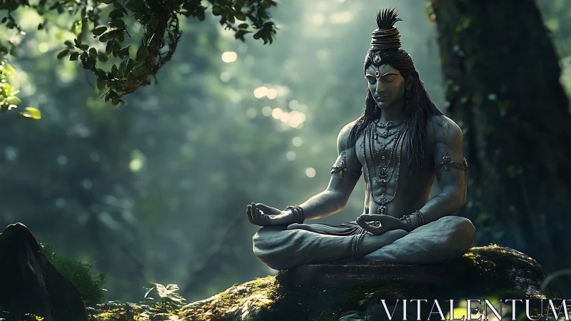Forest stillness crowns a meditating deity in silvered light