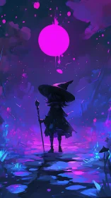 Young cloaked mage under neon moon in fantasy marsh.