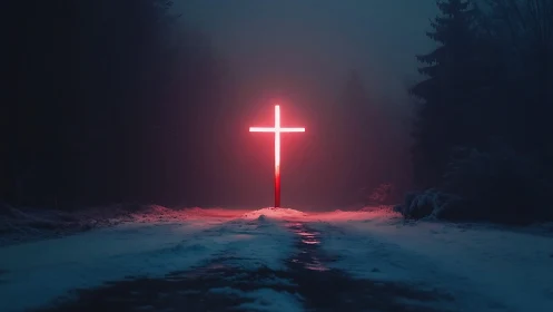 Luminous red neon cross in snowy nocturnal forest clearing
