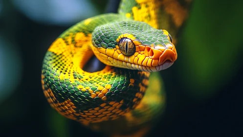 Emerald and gold jungle snake rests in a gentle coiled pose