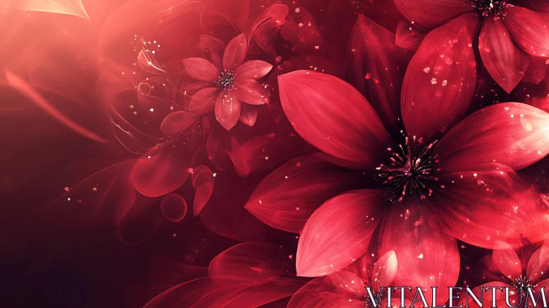 Digital rendering of layered red flowers with particle effects