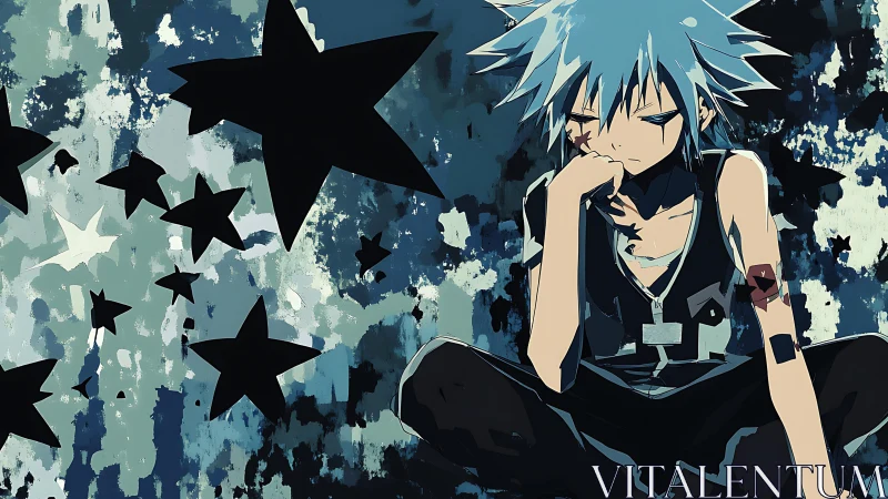 Blue-haired anime loner amid abstract star-filled nightscape.