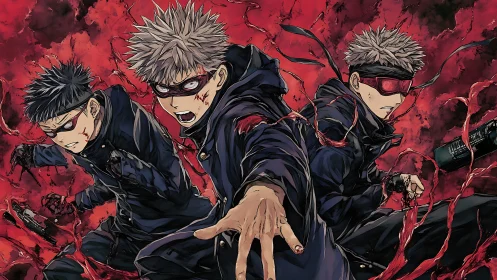 Masked anime fighters unleash cursed red energy storm.