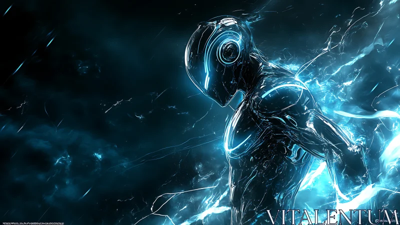 Cybernetic humanoid silhouette with luminous cyan energy arcs