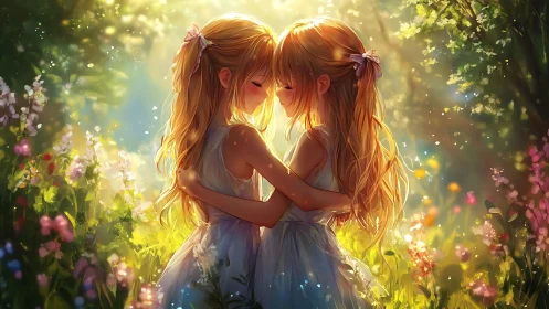 Anime twin portrait in luminous floral garden composition.