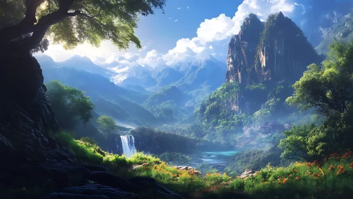 Sunlit valley cradles waterfalls beneath storybook peaks