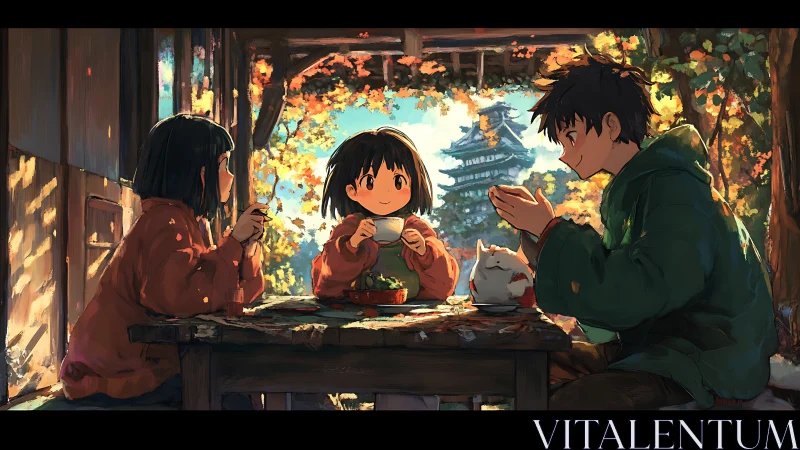 Autumn meal shared by three children in wooden shelter.