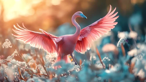 Backlit pink flamingo spreads extended wings in soft bokeh meadow