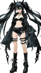Dark anime warrior girl stands in edgy cyberpunk attire