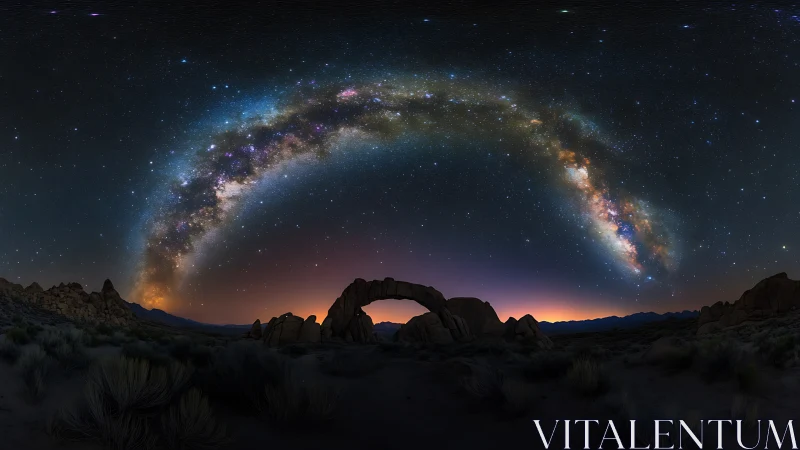 Starry desert arch beneath a sweeping Milky Way bridge.