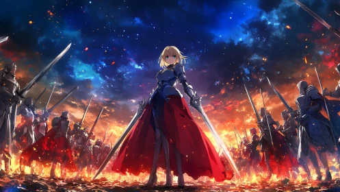 Sword-lit horizon crowns the armored heroine in blazing ranks
