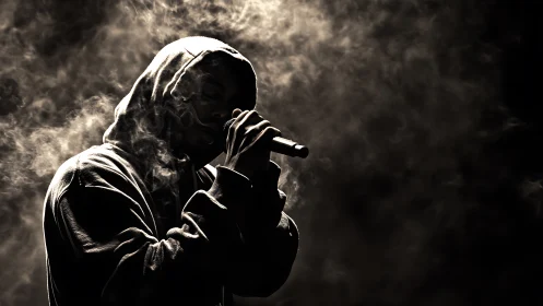 Backlit hooded vocalist in dense atmospheric stage haze.