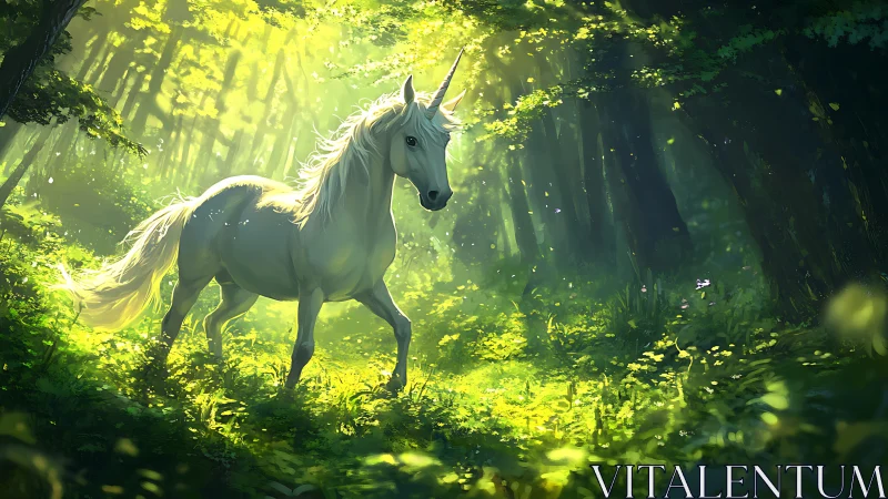 Sunlit forest unicorn wandering through emerald quietude.