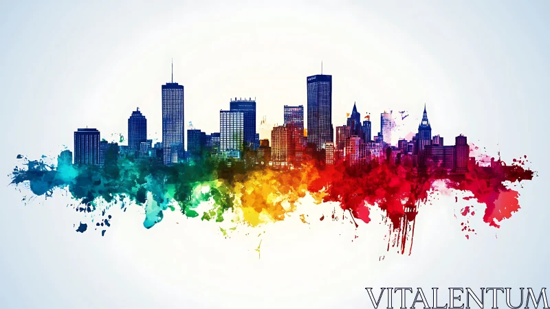 Colorful abstract city skyline with bold paint splashes.