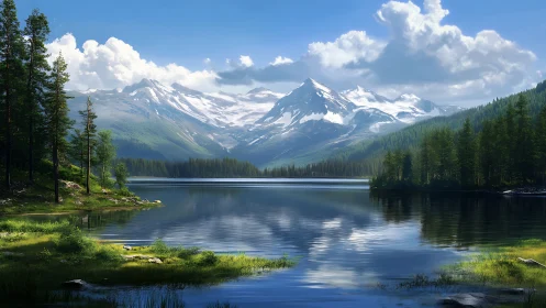 Snowy mountain lake rests quietly beneath bright summer skies