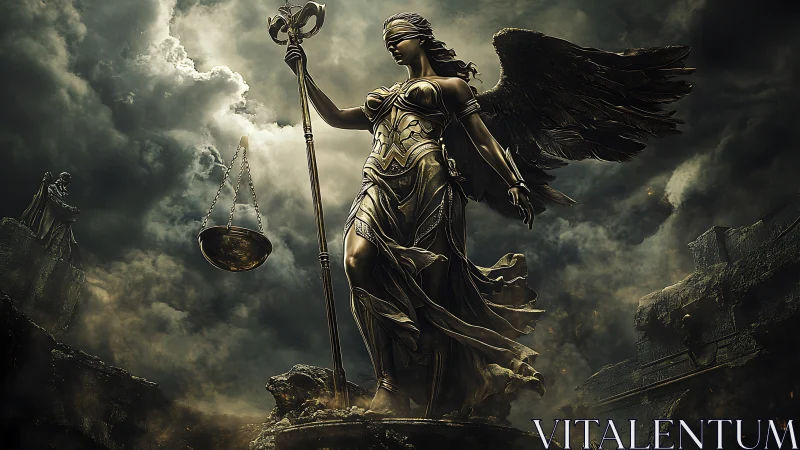 Winged bronze justice strides through storm-forged twilight.