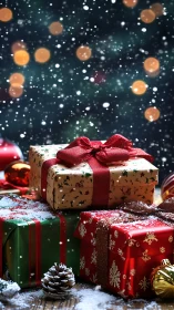 Snow-kissed gift towers wait under twinkling holiday bokeh