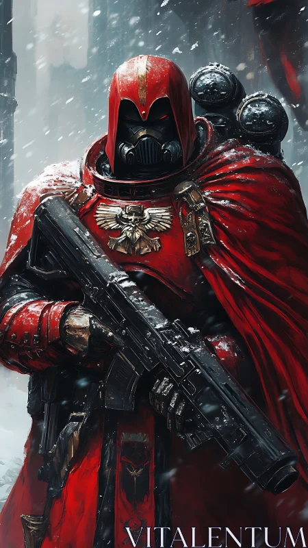 Digital painting of red armored sci fi templar in snowfall.