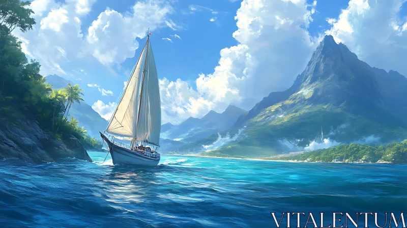 Sailboat near tropical coastline with prominent mountain peak.