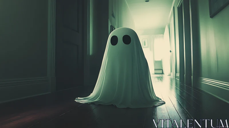 Ghost silhouette haunts moody hallway under soft light.