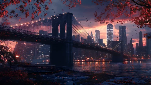 Autumn-lit suspension bridge overlooks glowing city skyline.