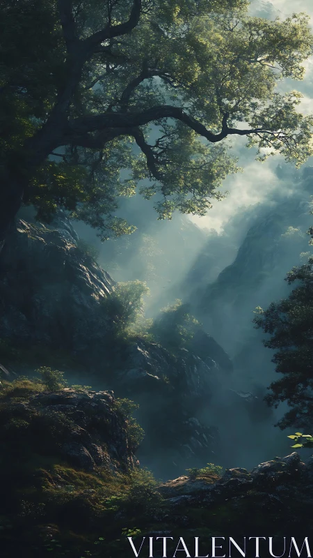 Misty forest canyon with ancient tree overlooking rocky gorge