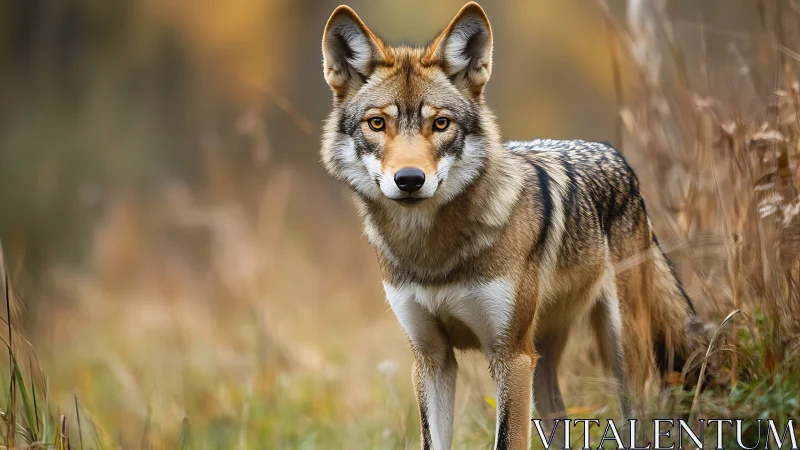 Wild coyote stands alert in soft autumn grassland light