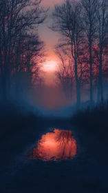 Sunset reflects in forest puddle along misty twilight path