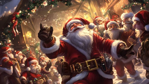 Midnight Santa carnival swirls in lanternlit winter cheer.