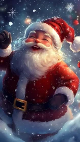 Joyful Santa laughs in a snowy, glowing Christmas night