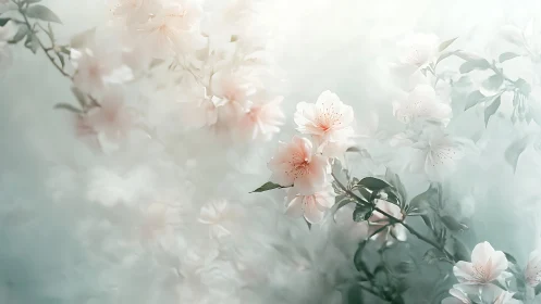 Soft Peach Blossoms Through Misty Haze.