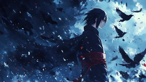 Dark-clad anime warrior stands amid swirling black crows