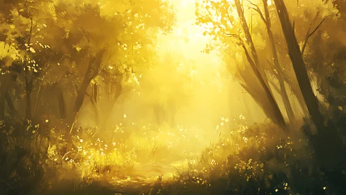 Sunlit forest path glows through dense golden morning haze