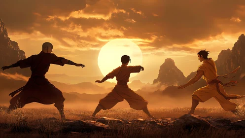 Martial artists train at sunset amid misty sacred mountains