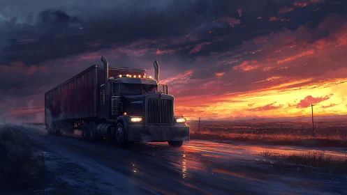 Articulated semi truck traverses wet rural road at saturated sunset