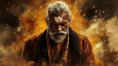 Ember crowned elder in a storm of golden quiet fire.