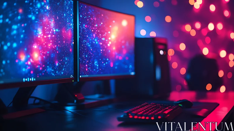 Dual-monitor RGB gaming workstation with neon bokeh lighting