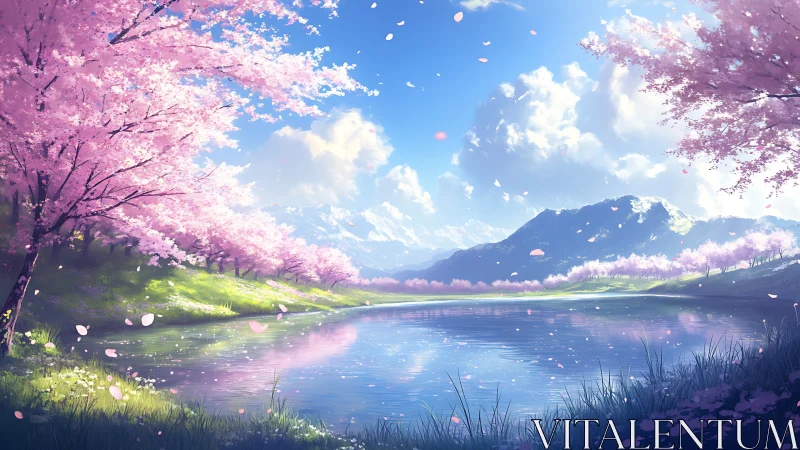 Cherry blossom lake landscape under bright spring sky.