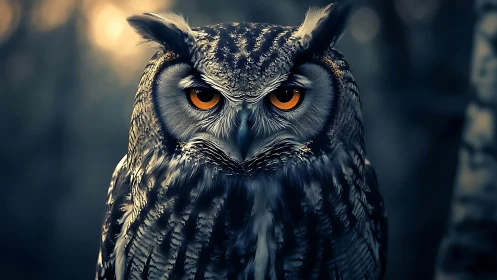 Striking close-up of a wild owl with piercing orange eyes, moody edit.