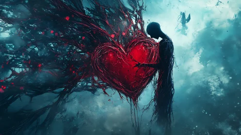 Silhouetted figure holding luminous heart structure