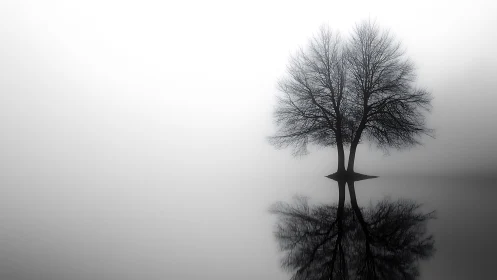 Leafless tree and reflection in fog over still water.
