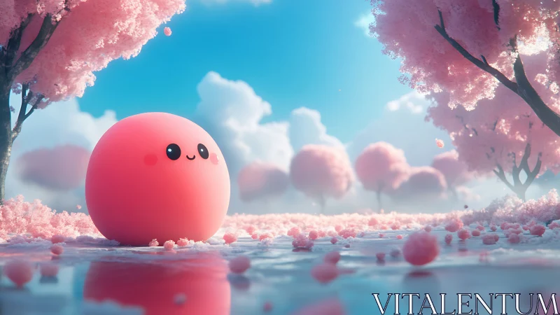 Smiling pink sphere rests in dreamy pastel blossom grove