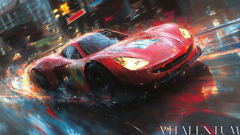 Red GT race car drifting through neon reflections on wet asphalt