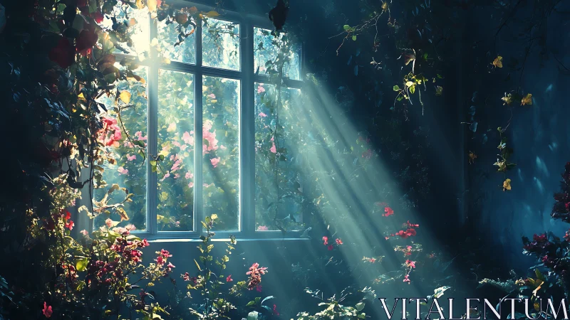 Sunlit floral window casts beams through shadowed garden.