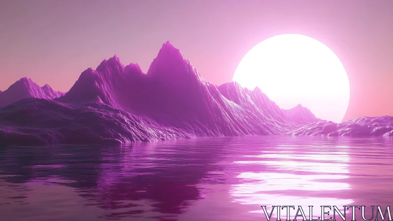Iridescent magenta mountains mirrored in neon solar seascape.