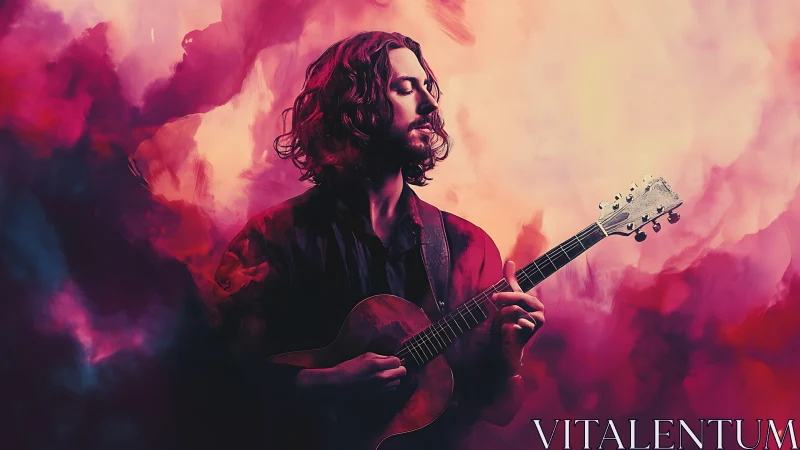 Male guitarist framed by vivid pink and purple clouds.